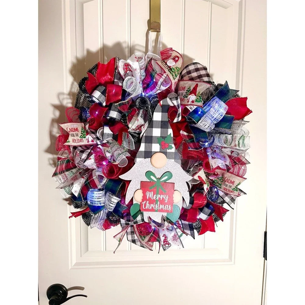Handmade Merry Christmas Gnome Holiday Ribbon Door Wreath 22 ins W47